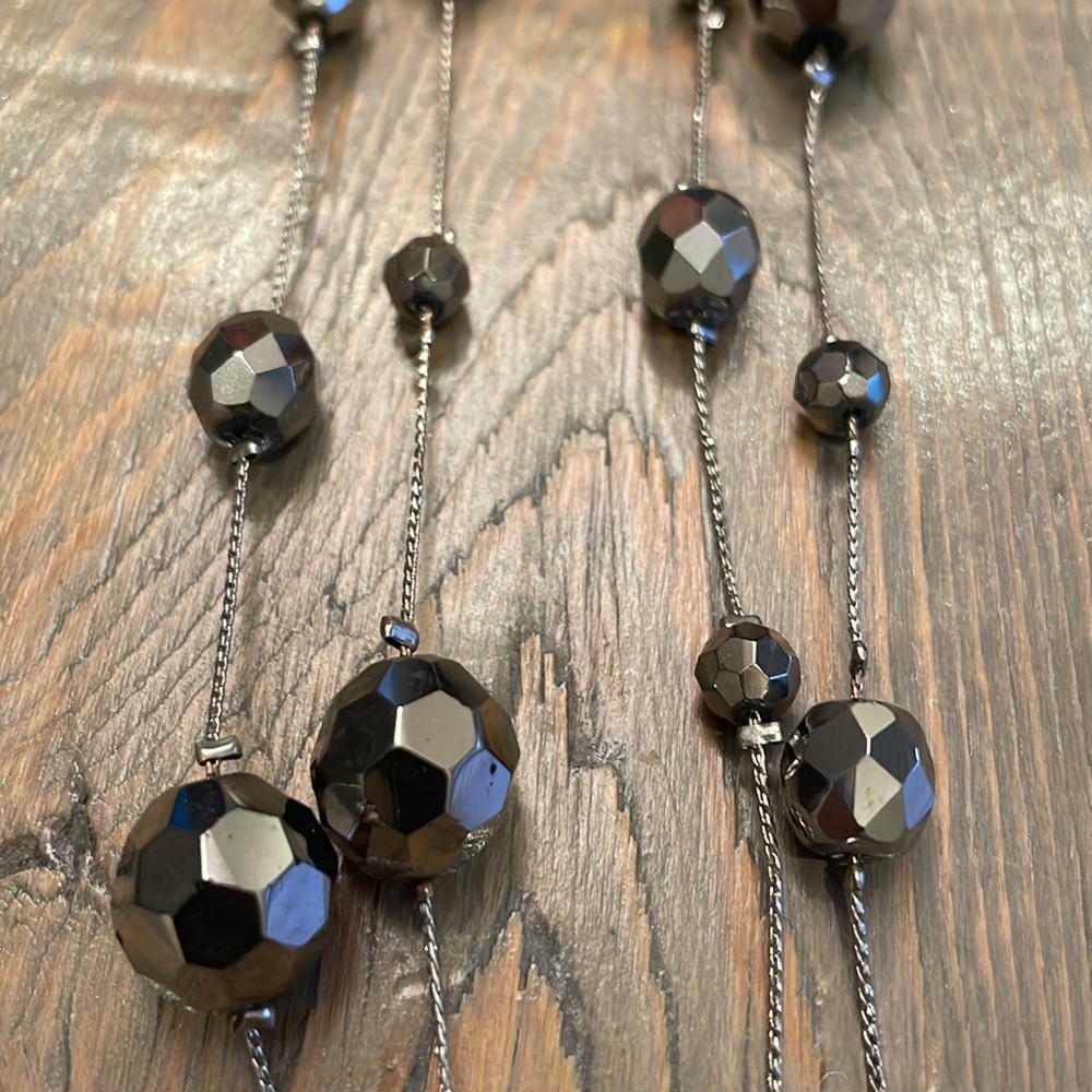 Silver/Gray Faceted Crystal Long Necklace on Silver Wire Chain